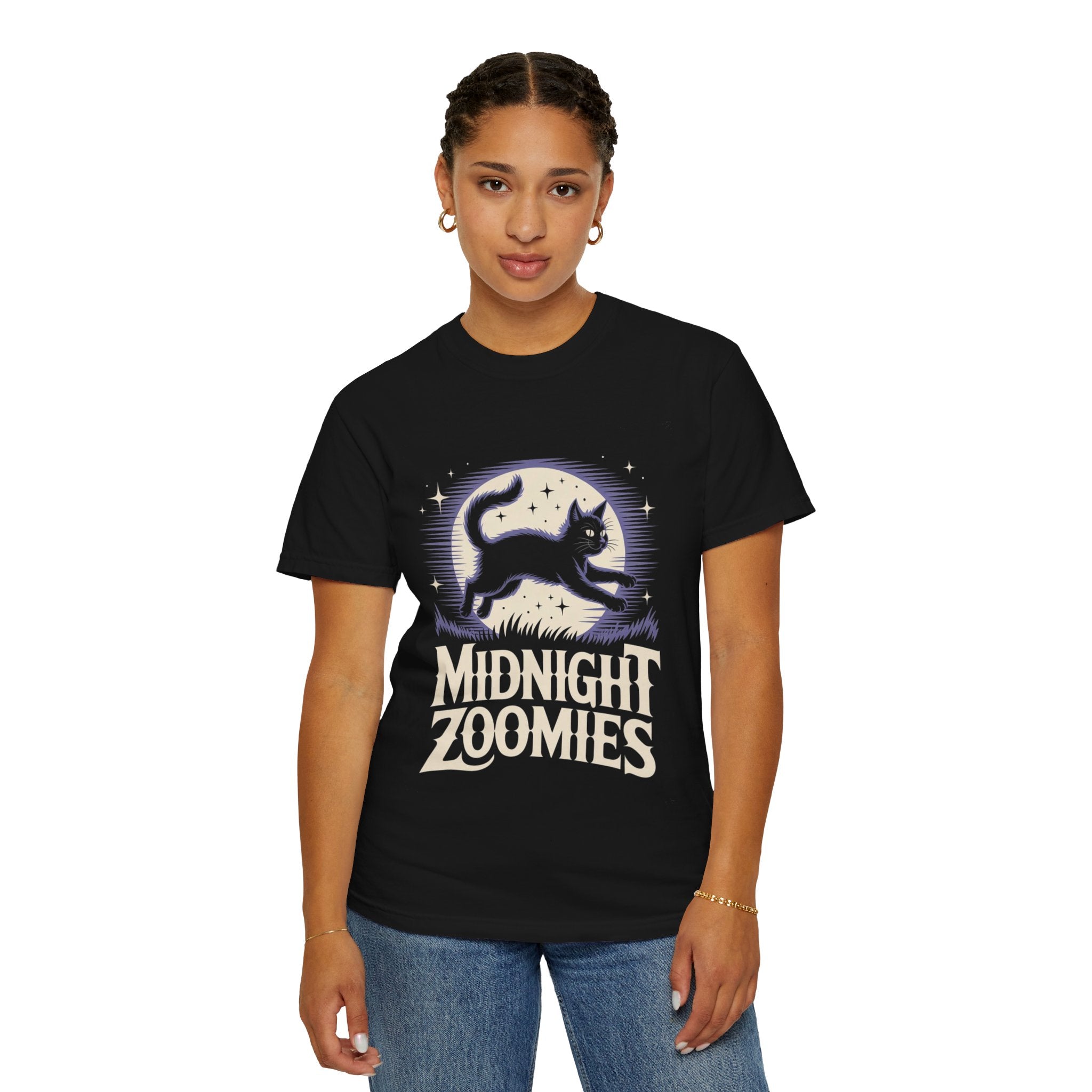 Midnight Zoomies Cat T-Shirt — Retro Lunar Night Cat Design