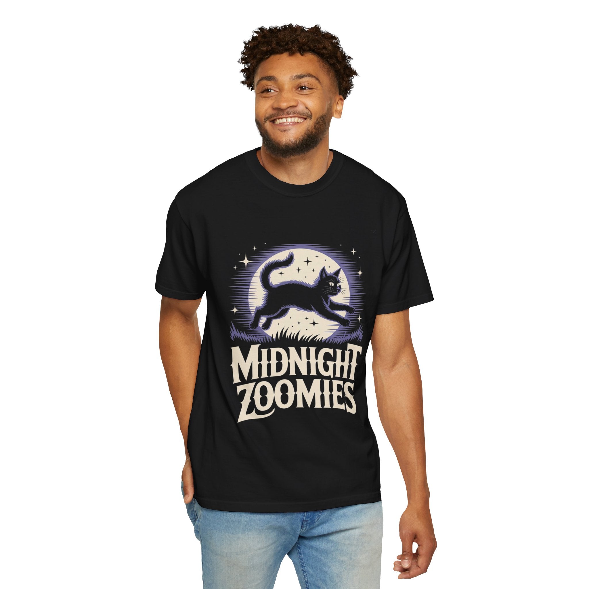 Midnight Zoomies Cat T-Shirt — Retro Lunar Night Cat Design