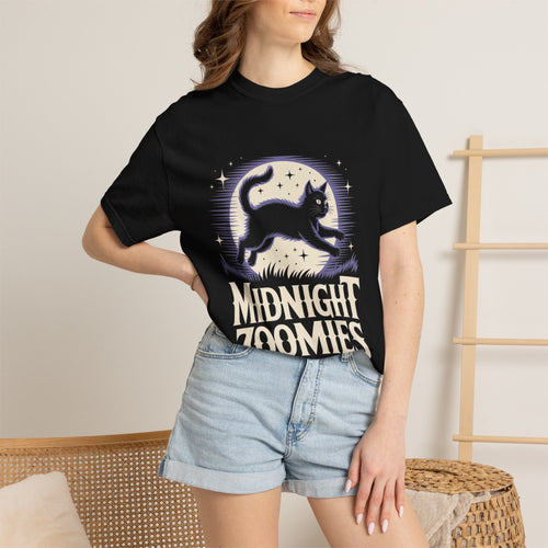 Midnight Zoomies Cat T-Shirt — Retro Lunar Night Cat Design