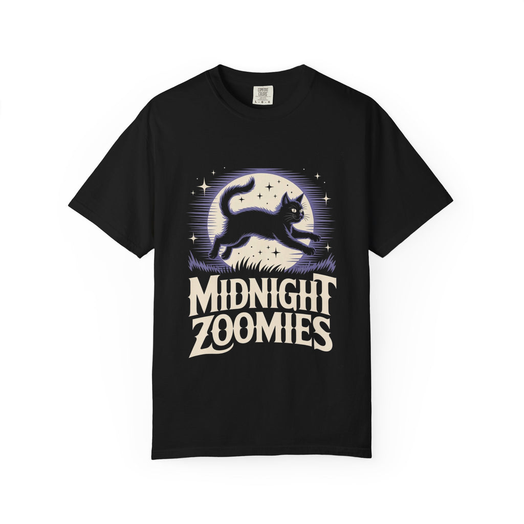 Midnight Zoomies Cat T-Shirt — Retro Lunar Night Cat Design