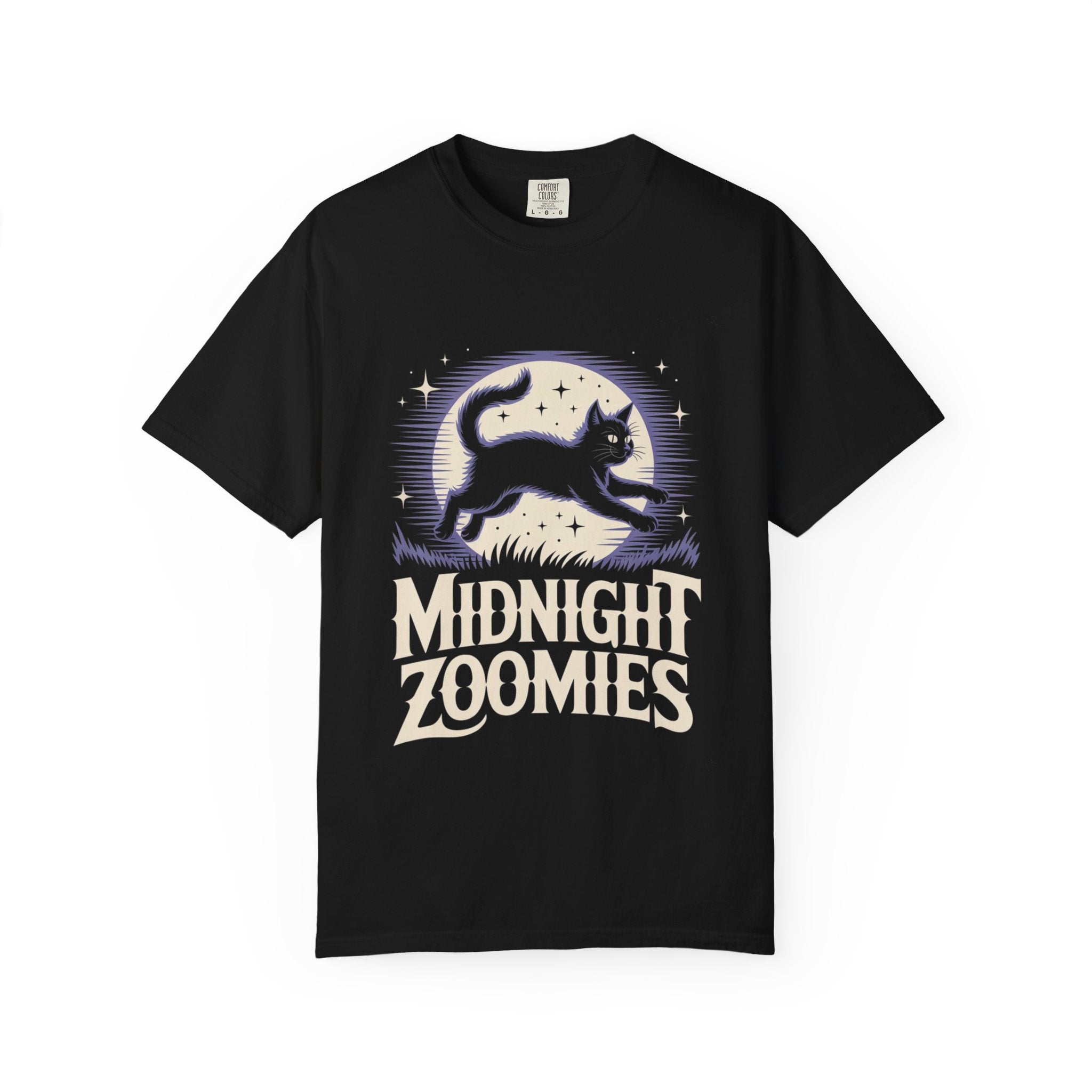 Midnight Zoomies Cat T-Shirt — Retro Lunar Night Cat Design